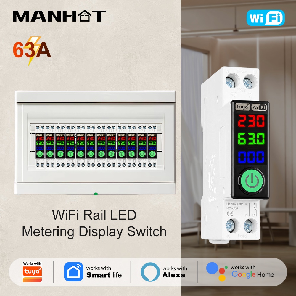 Energy Monitor Meter - Manhot WLAN-Schutzschalter mit LED-Anzeige, Energiemessung, kWh-Spannungs-